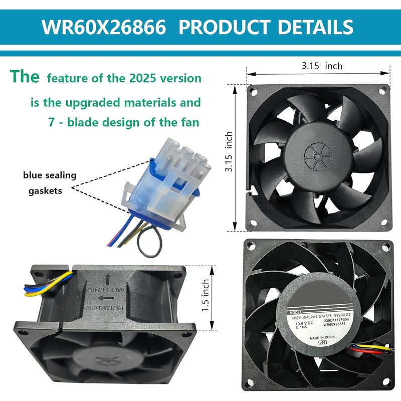 FCSTYODO 2025 Upgraded WR60X26866 Evaporator Fan Motor, Compatible with GE Refrigrator Parts, Replace V80E14MS2A3-57A611, WR60X26030, WR60X26033, WR60X10341, WR60X10356, WR60X10357 etc. - Image 2